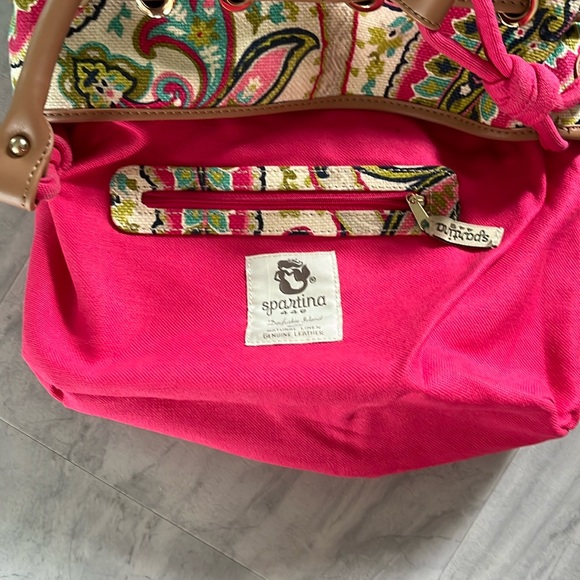 Spartina  Linen natural  shoulder bag   heavy duty  leather trim  hot pink/cream - Picture 13 of 17